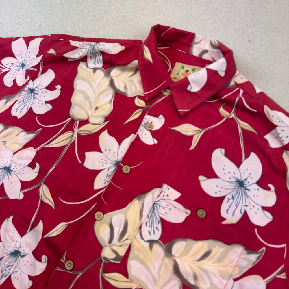 VTG Joe Marlin Mens XL Aloha Shirt Red Tropical Lily Floral Print Rayon Blend SS